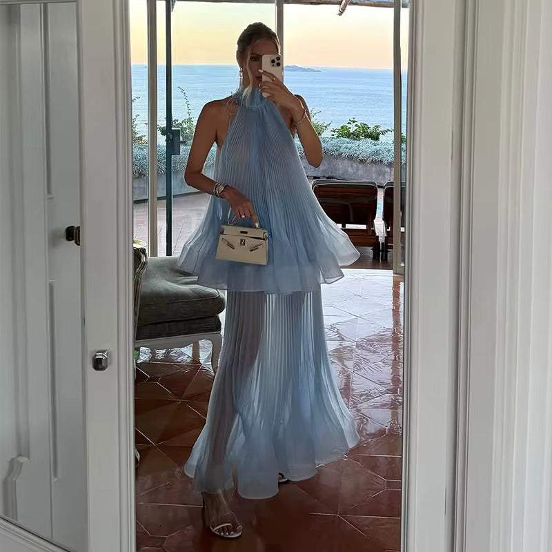 Elegant Ruffles Hem Tops Skirt Suit Women's Light Blue Pleated
