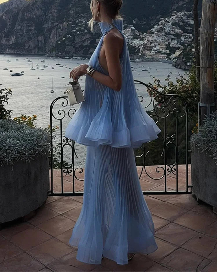 Elegant Ruffles Hem Tops Skirt Suit Women's Light Blue Pleated