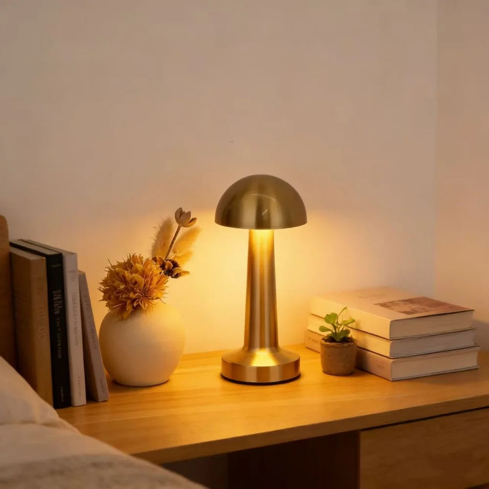 USB Touch Three-Color Gold Mushroom LED Night Light Eye-Protection Bedside Lamp Warm Ambient Soft Light for Bedroom