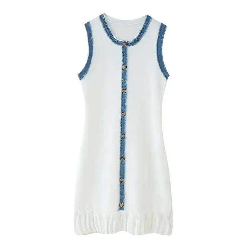 Elegant Pleated Patchwork Knitted Mini Dress
