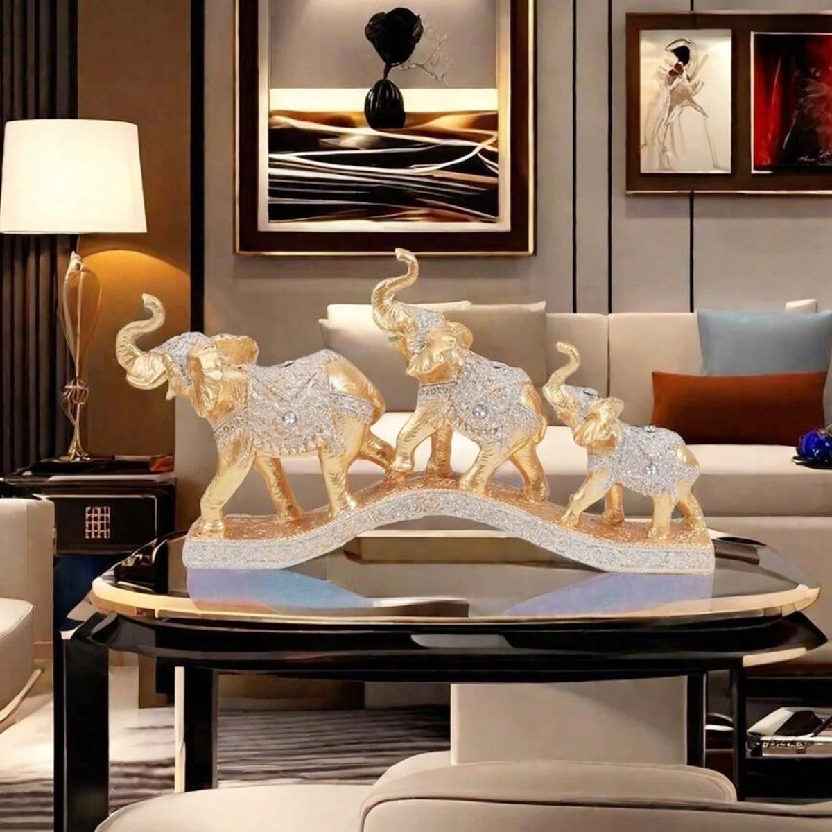 Golden Harmony Elephant Trio Sculpture