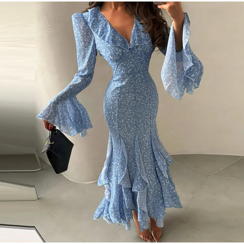 Elegant Floral Print Ruffle Hem Dress