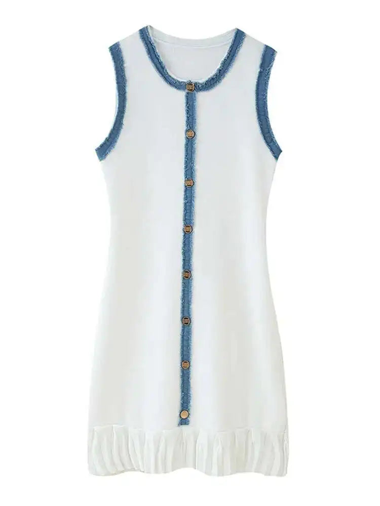 Elegant Pleated Patchwork Knitted Mini Dress