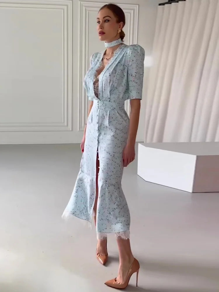 Elegant Lace-Trim Deep V Maxi Dress