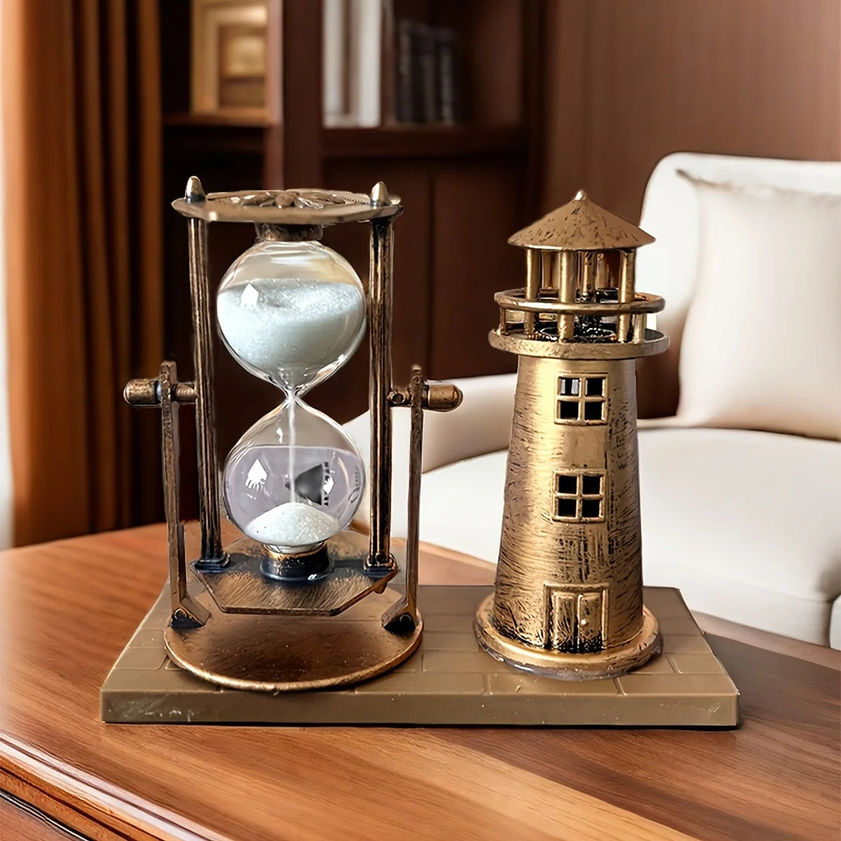 Vintage Bronze Lighthouse Hourglass Ornament 3D Desktop Decor for Home & Office Creative School Season Gift Desktop Ornament