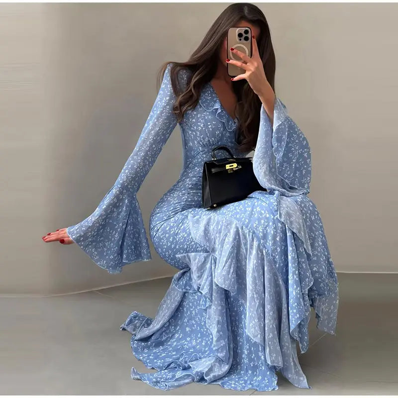 Elegant Floral Print Ruffle Hem Dress