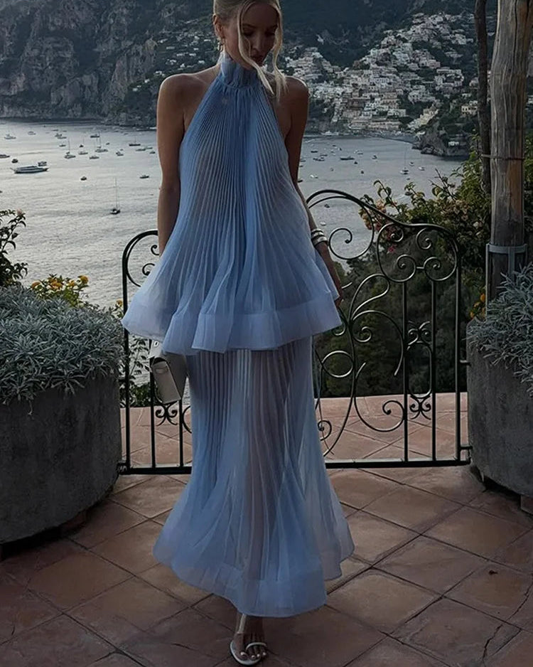 Elegant Ruffles Hem Tops Skirt Suit Women's Light Blue Pleated