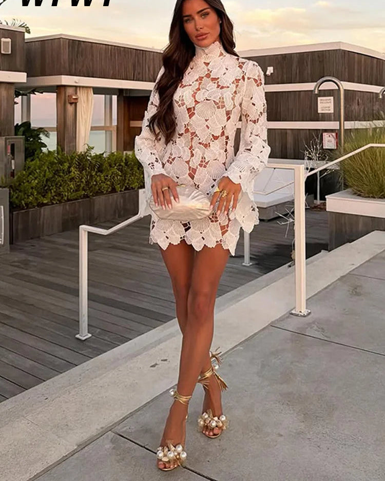White Crochet Hollow-out Mini Dresses