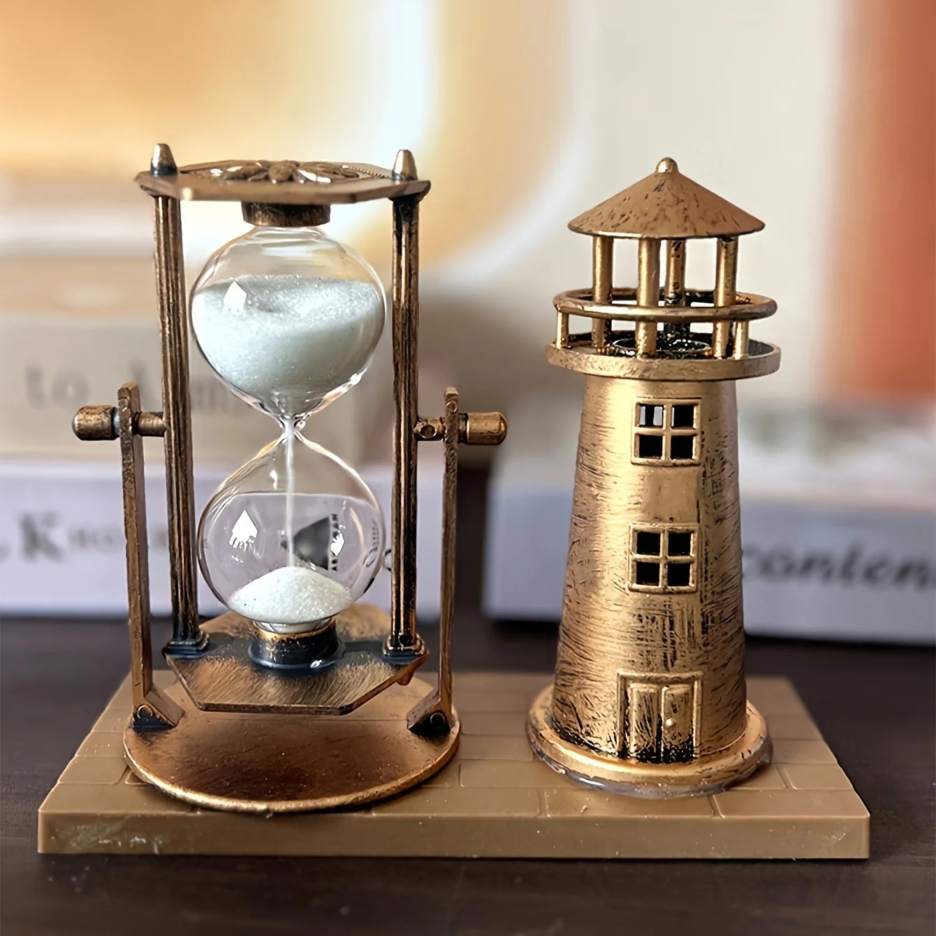 Vintage Bronze Lighthouse Hourglass Ornament 3D Desktop Decor for Home & Office Creative School Season Gift Desktop Ornament
