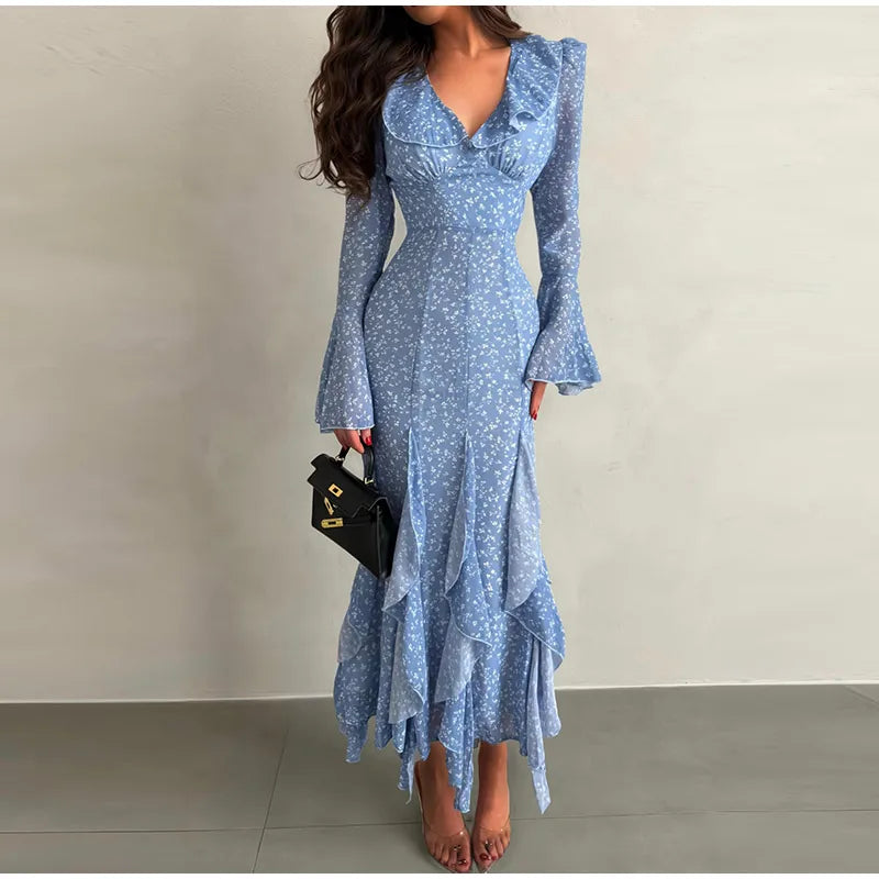 Elegant Floral Print Ruffle Hem Dress