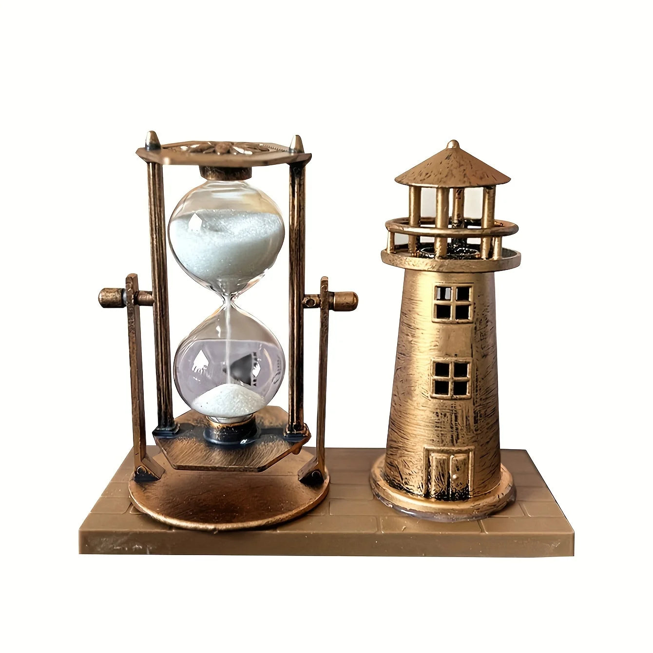 Vintage Bronze Lighthouse Hourglass Ornament 3D Desktop Decor for Home & Office Creative School Season Gift Desktop Ornament
