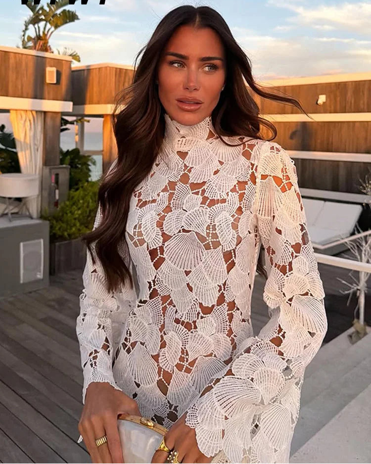 White Crochet Hollow-out Mini Dresses