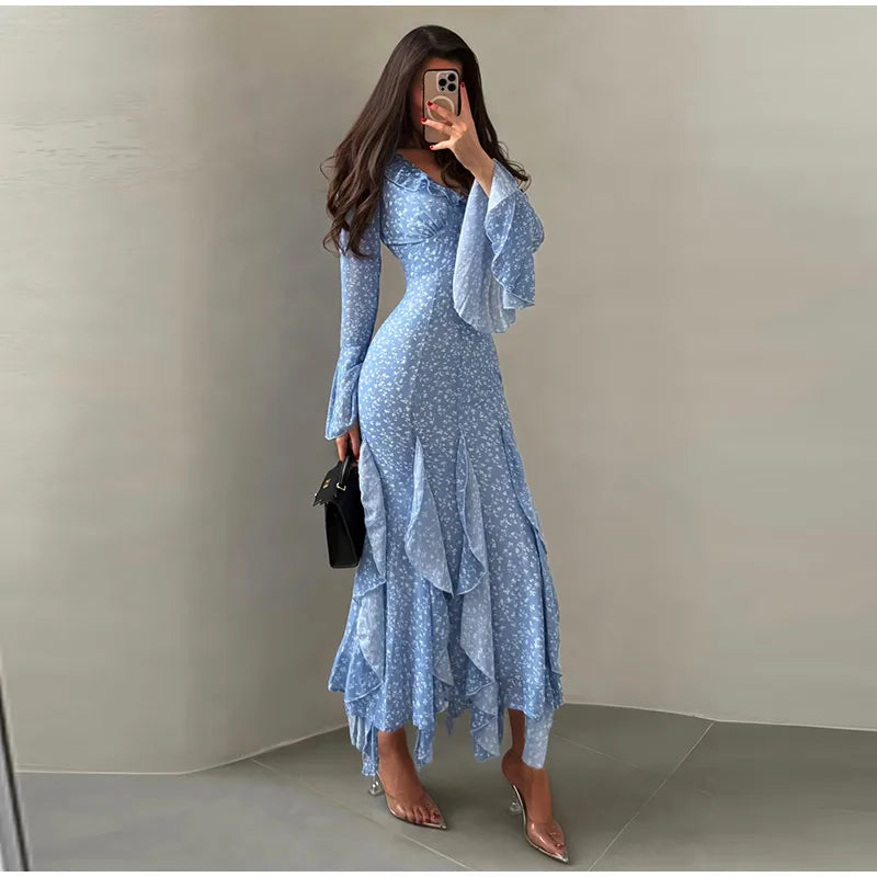 Elegant Floral Print Ruffle Hem Dress