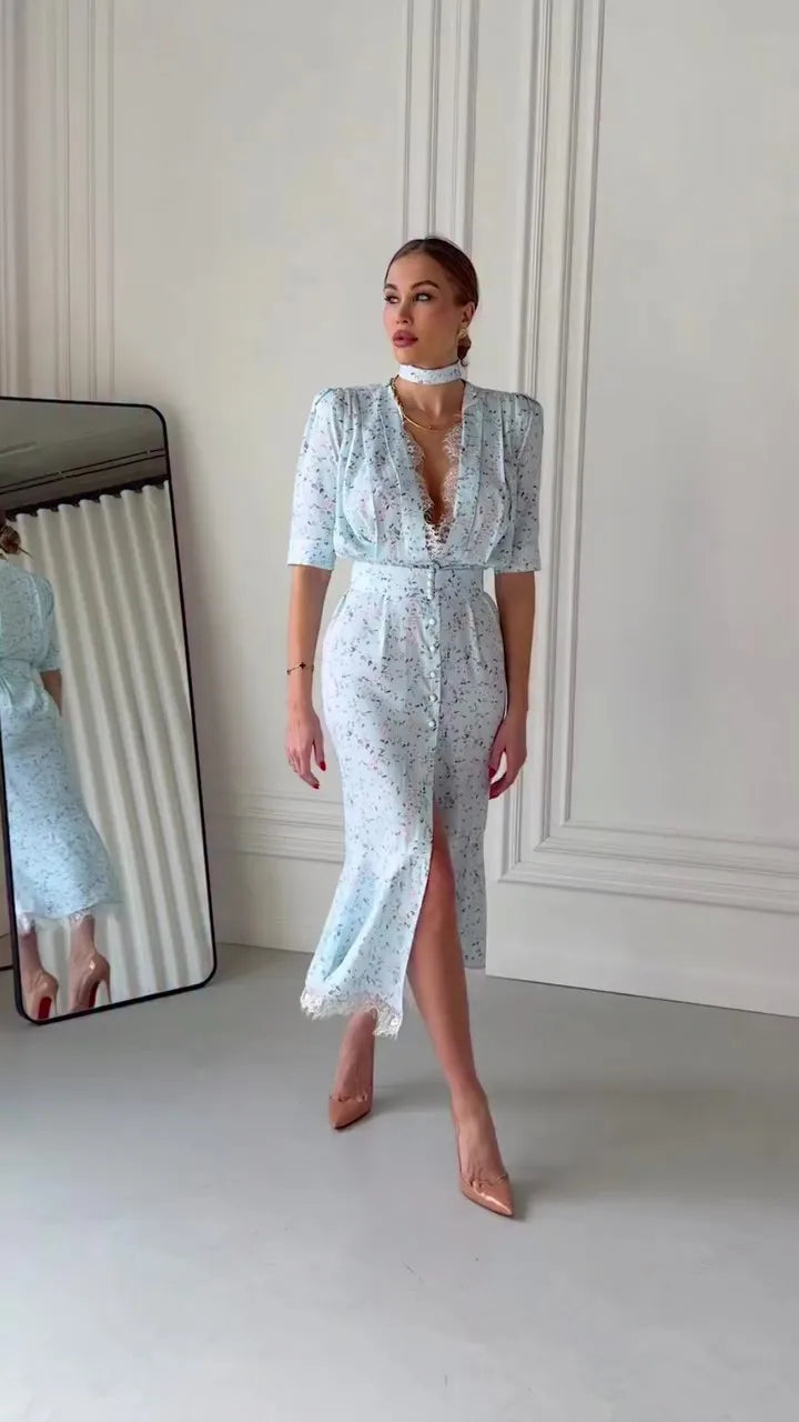 Elegant Lace-Trim Deep V Maxi Dress