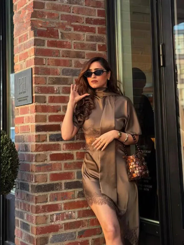 Sexy Lace Waist Hallow Out Mini Dress Women Solid Short Sleeve