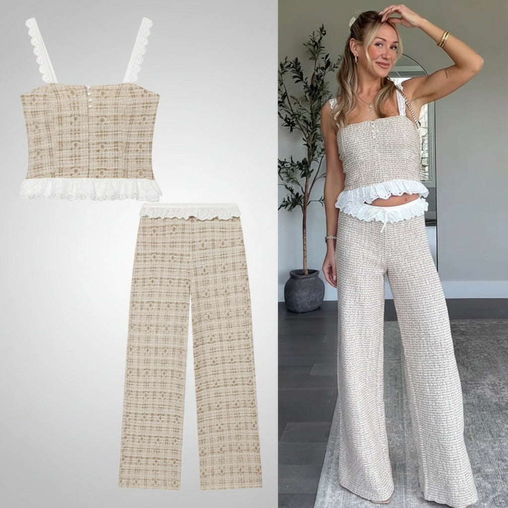 MUJER Ruffle Women's Pants Set Two Pieces Textured