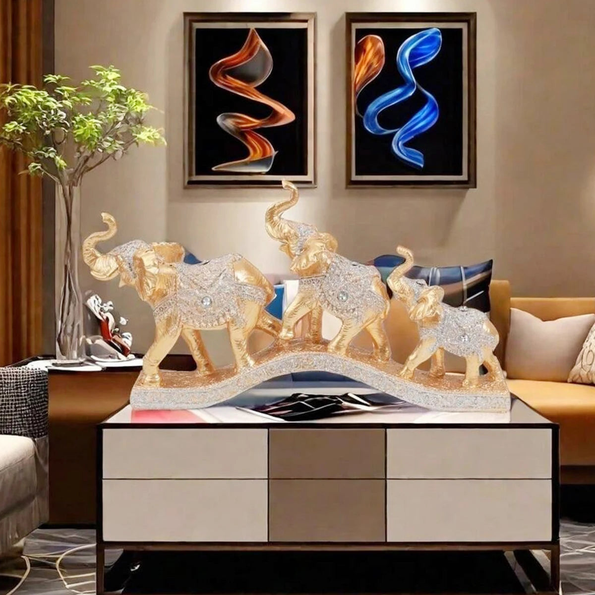 Golden Harmony Elephant Trio Sculpture