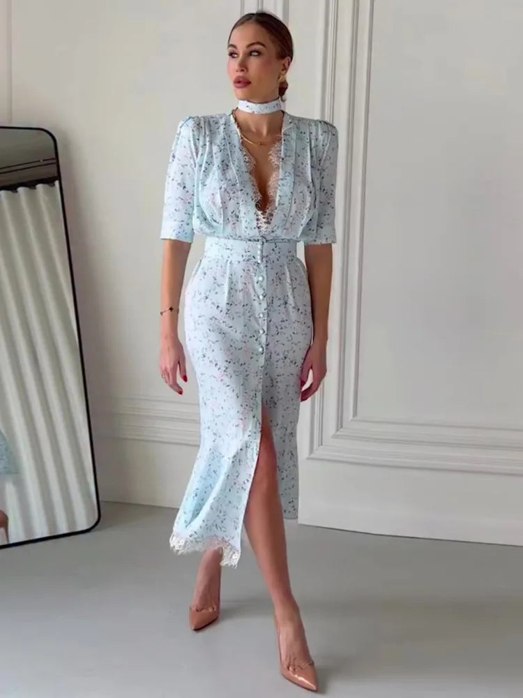 Elegant Lace-Trim Deep V Maxi Dress
