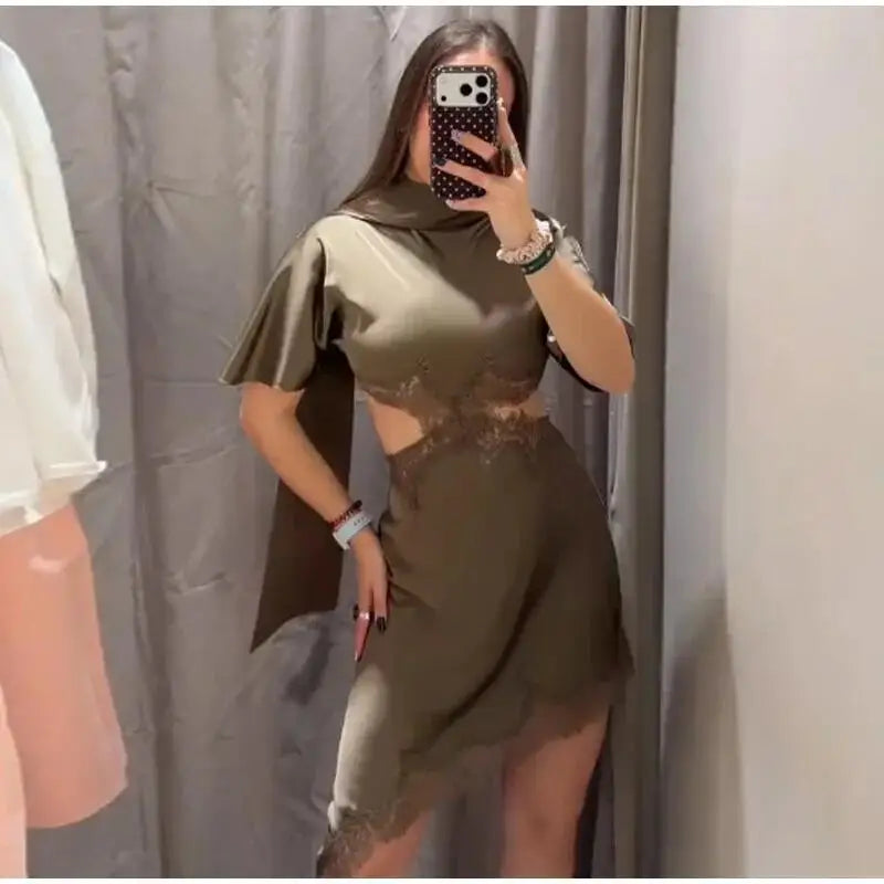 Sexy Lace Waist Hallow Out Mini Dress Women Solid Short Sleeve
