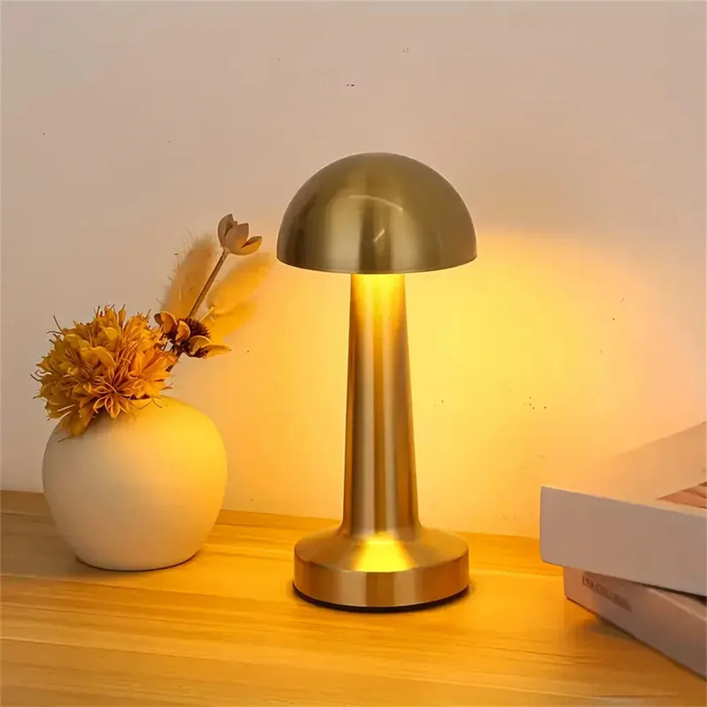 USB Touch Three-Color Gold Mushroom LED Night Light Eye-Protection Bedside Lamp Warm Ambient Soft Light for Bedroom