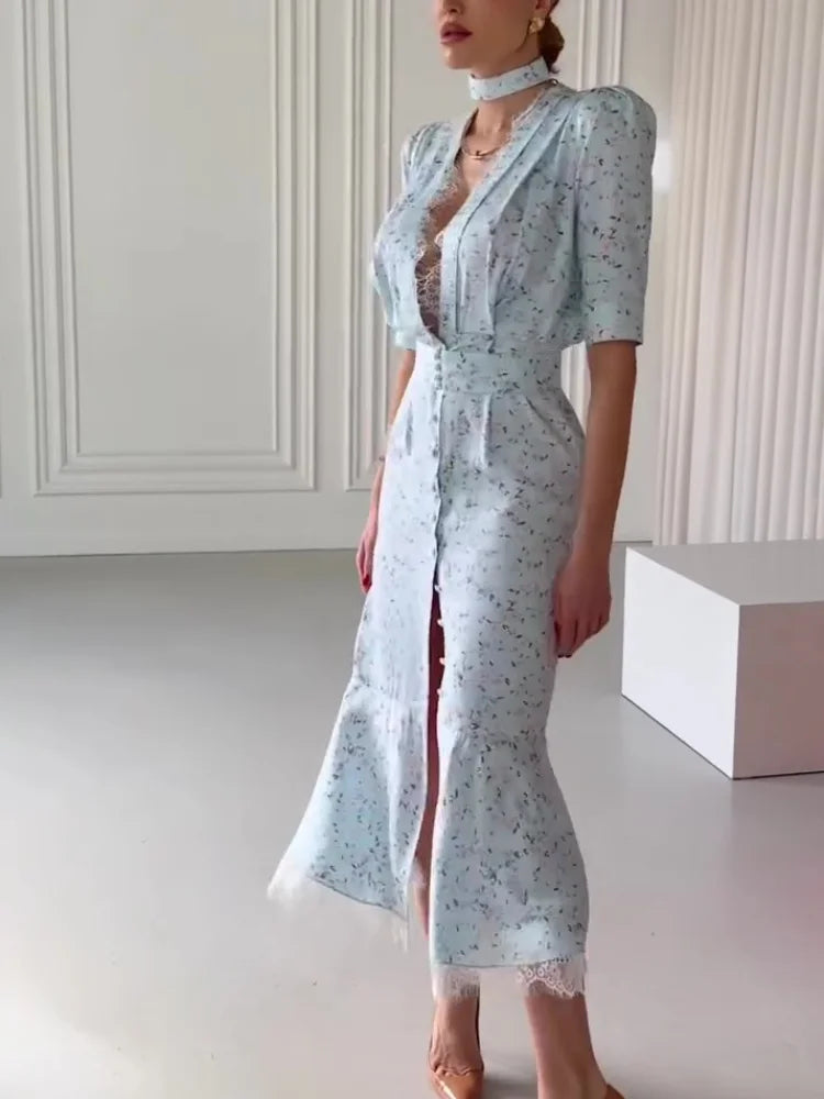 Elegant Lace-Trim Deep V Maxi Dress