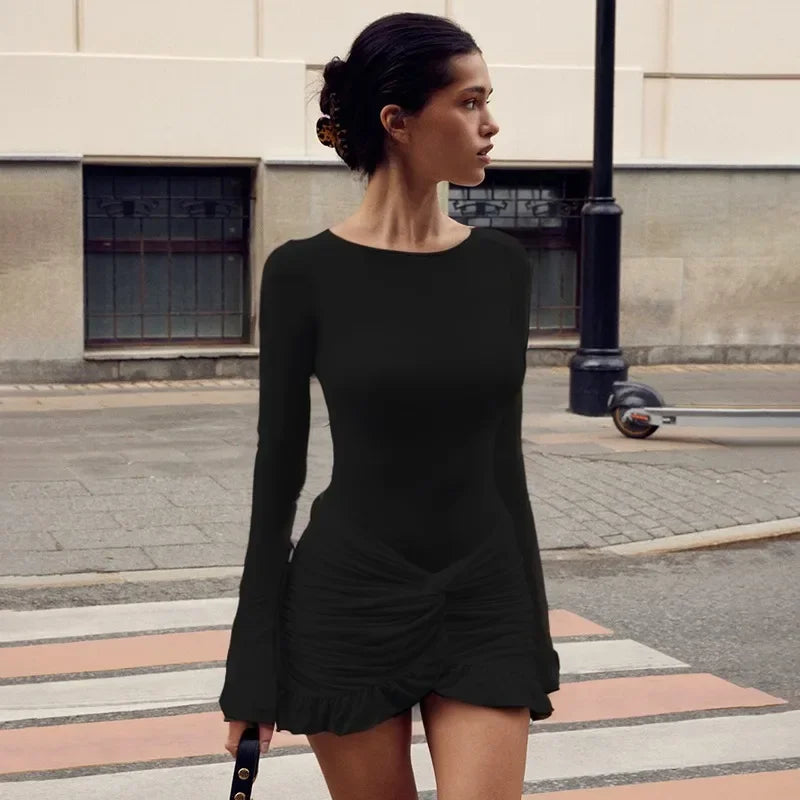 Ruched Bodycon Dress Women Sexy Long Sleeve
