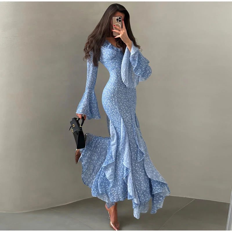 Elegant Floral Print Ruffle Hem Dress