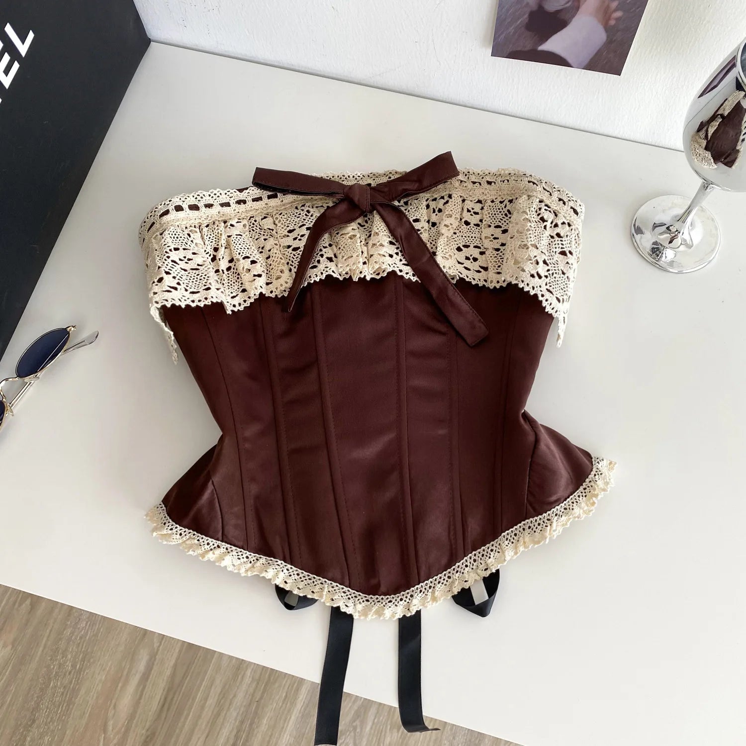 Retro British Style Lace Tie Fishbone Waist Crop Top