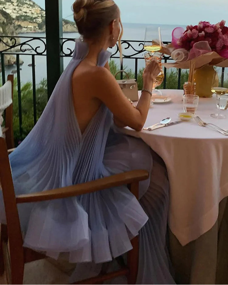 Elegant Ruffles Hem Tops Skirt Suit Women's Light Blue Pleated