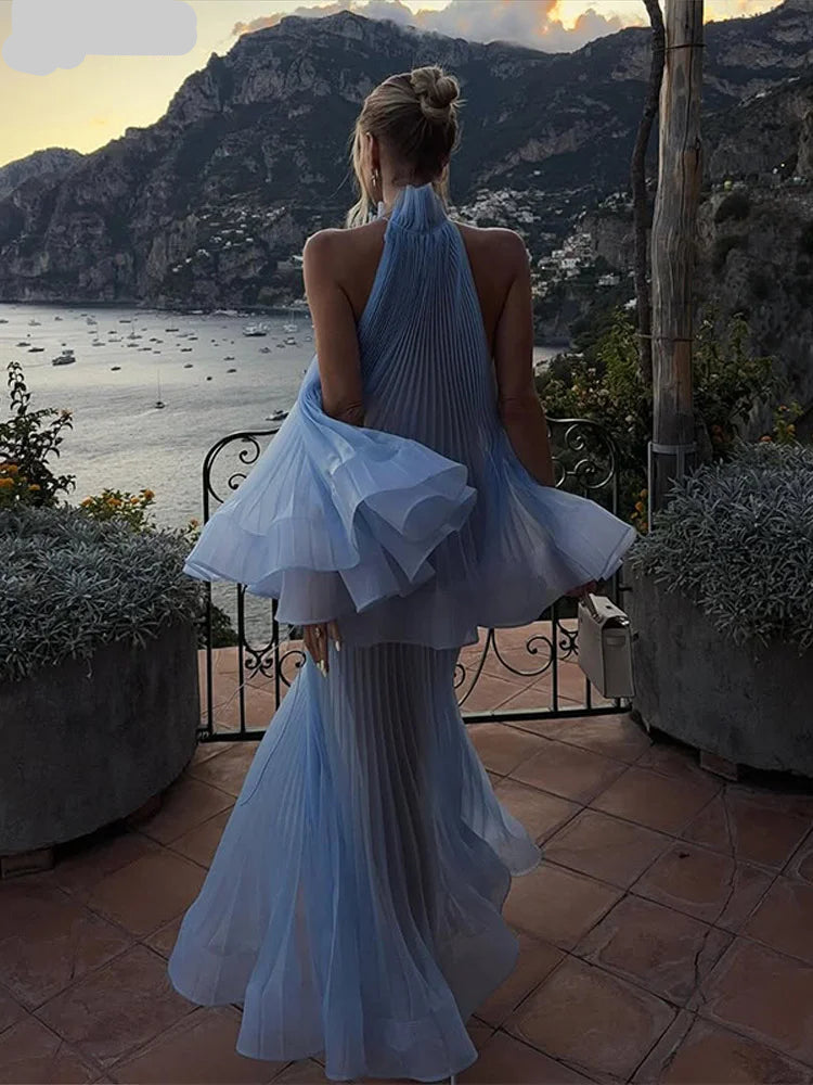 Elegant Ruffles Hem Tops Skirt Suit Women's Light Blue Pleated