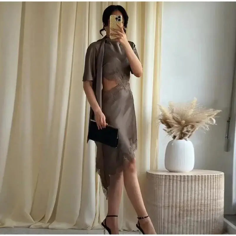 Sexy Lace Waist Hallow Out Mini Dress Women Solid Short Sleeve