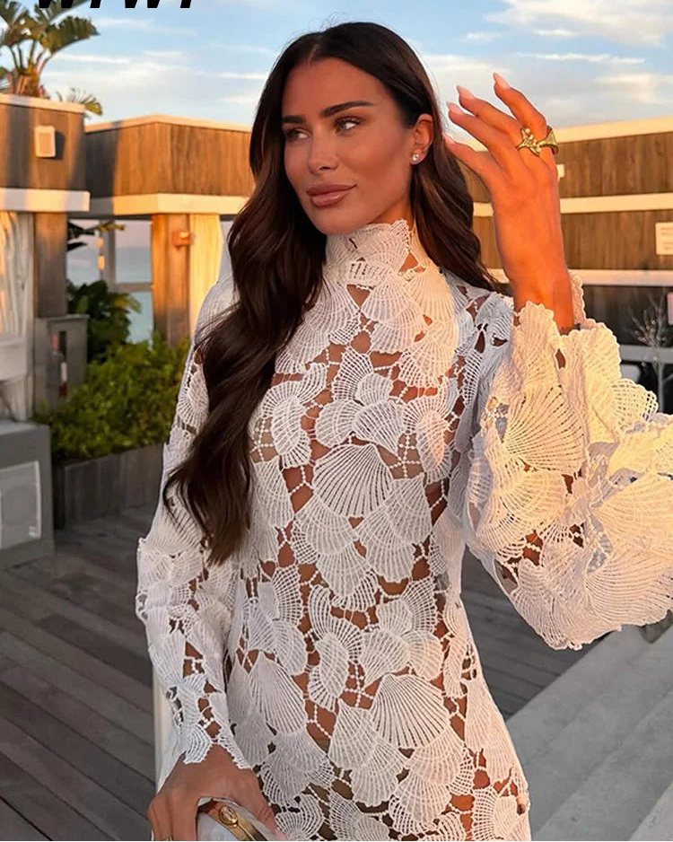 White Crochet Hollow-out Mini Dresses